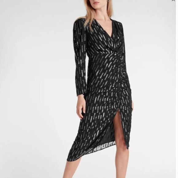 🚨 3 for $25 - METALLIC Faux Wrap Ruched Midi Dress - Picture 1 of 14